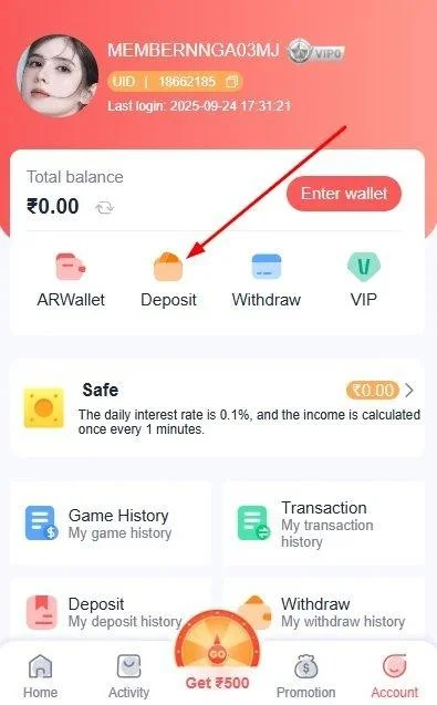 Go to the Deposit section